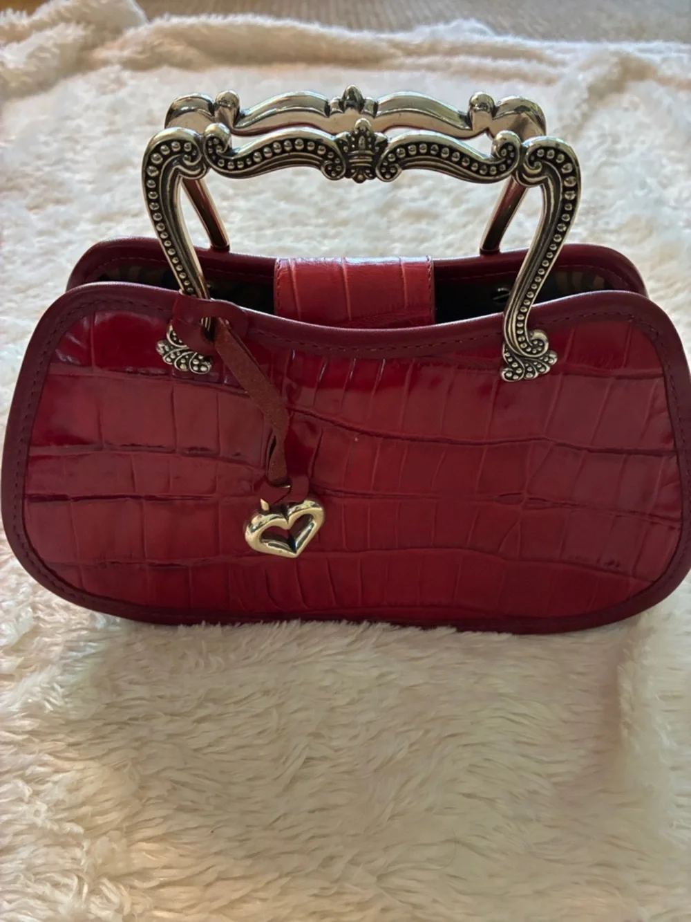 Brighton Red Croc-Embossed Mini Top-Handle Bag with Ornate Silver Handles - Picture 1 of 10